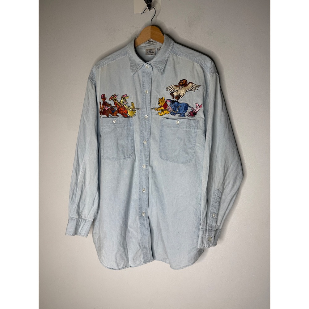 Vintage Disney Store Winnie the Pooh Tigger Eeyore Embroidered Denim Shirt Large